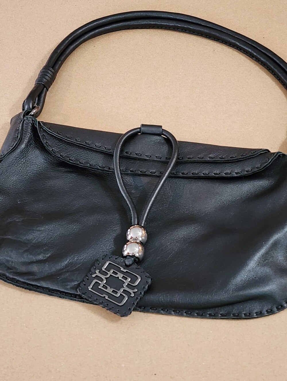 Genvieve Jones Handcrafted Leather Bag Designer Black Fold Over Top Handle Soft!